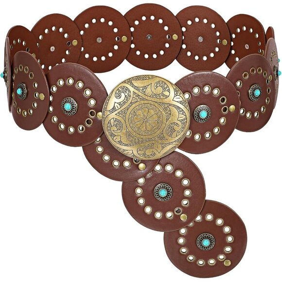 Accessories - Woman's Western PU Leather Belts Concho Disc Wide Waist Belt Brown Bronze Buckle